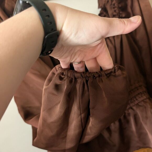 Eloquii Smocked Waist Peplum Puff Sleeve Peasant Brown Blouse Size 26 - Picture 2 of 7